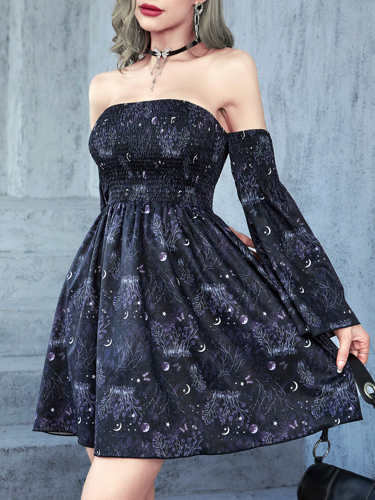 Robe sexy à épaules dénudées et imprimé gothique pour femme