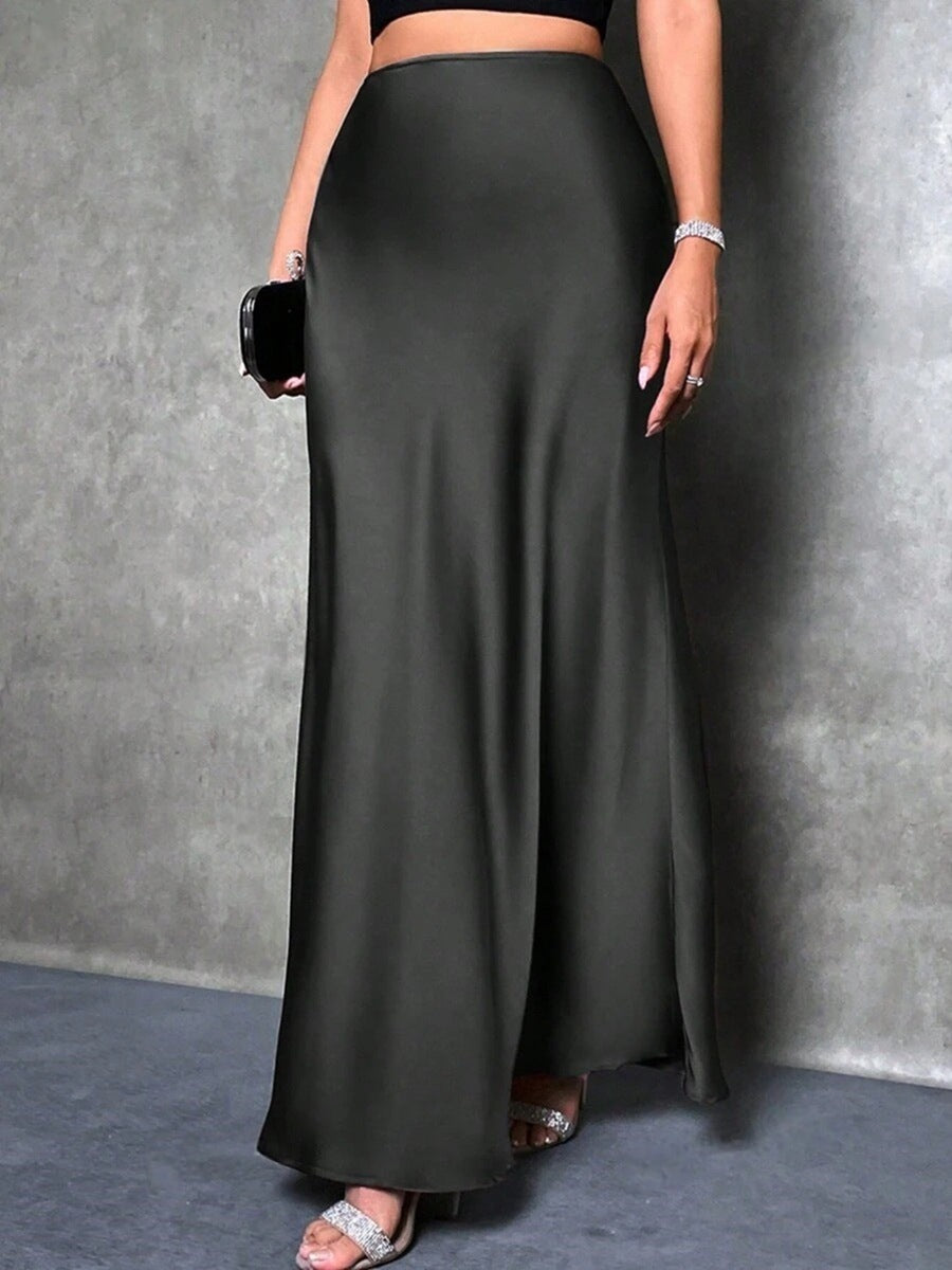 Women Fashion Casual Solid Color Satin Skirt