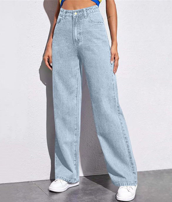 Women Fashion Casual Solid Color High Waist Jeans