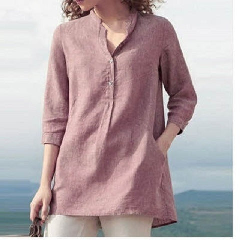 Camisa informal de lino y algodón con cuello de color liso para mujer