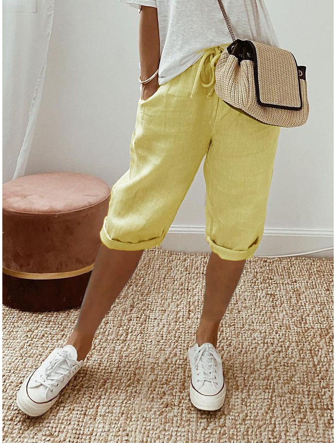 Pantalones casuales de lino y algodón de color liso a la moda para mujer