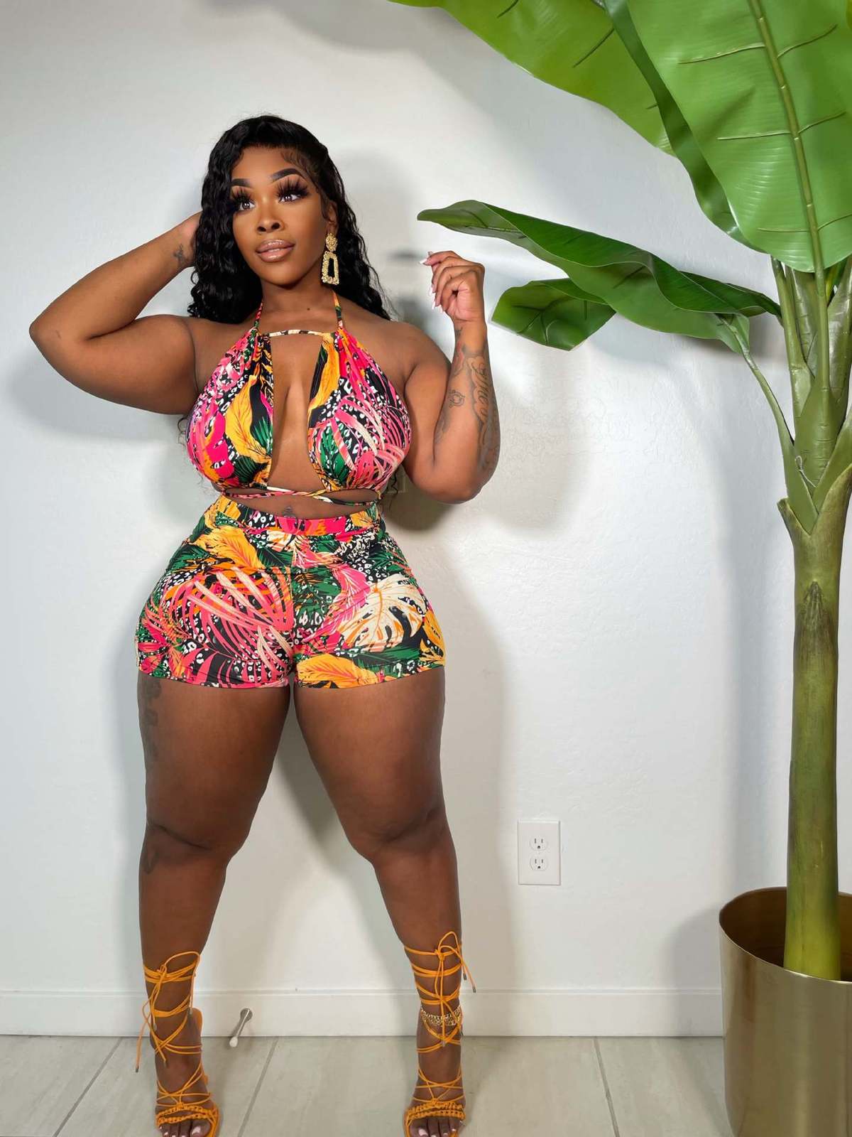 Ensemble deux pièces imprimé dos nu grande taille pour femme