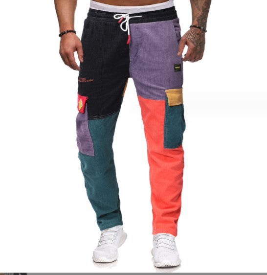 Men Fashion Casual Color Block Corduroy Drawstring Pants
