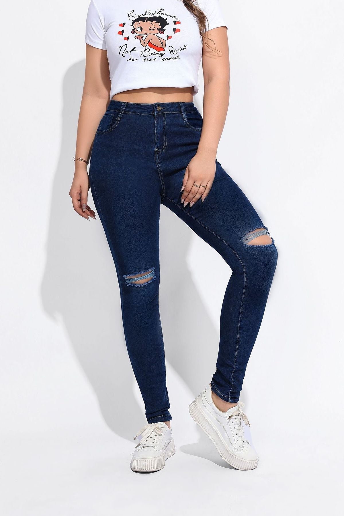 Vaqueros de cintura alta elásticos y rasgados sexys a la moda para mujer