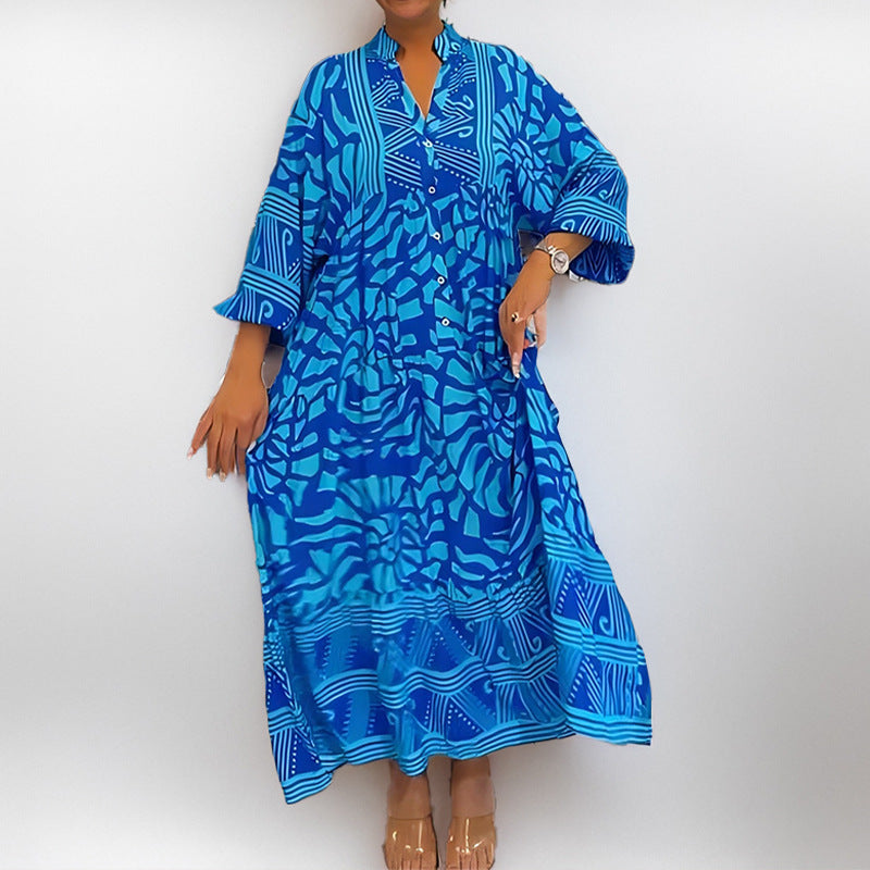 Vestido informal de talla grande con cuello en V y manga larga para mujer