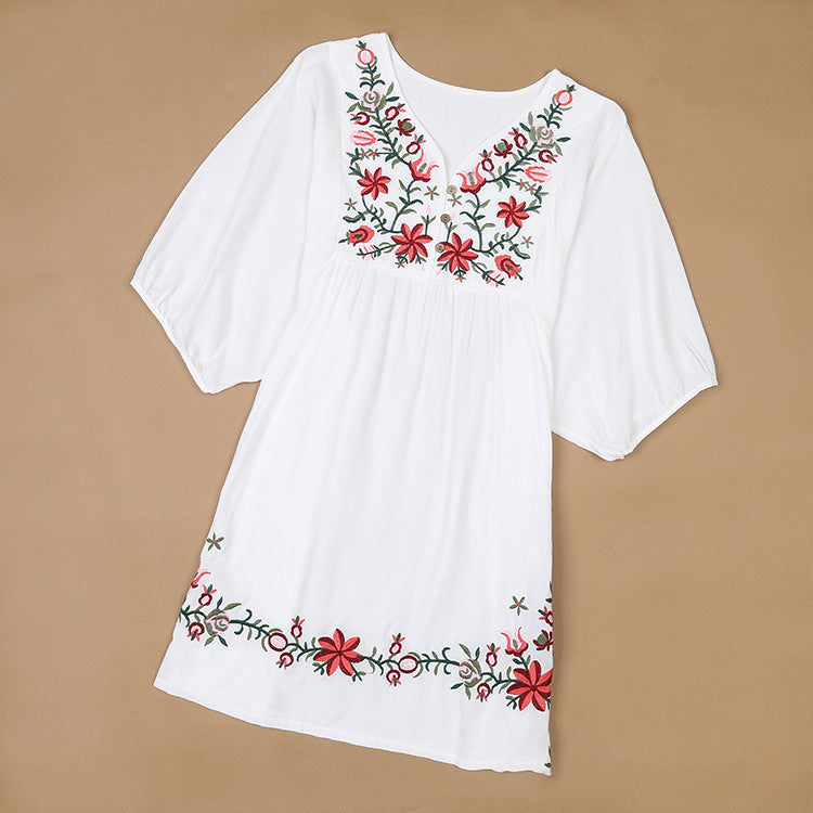 Women Casual Boho Floral Embroidered V-Neck Short-Sleeve Dress