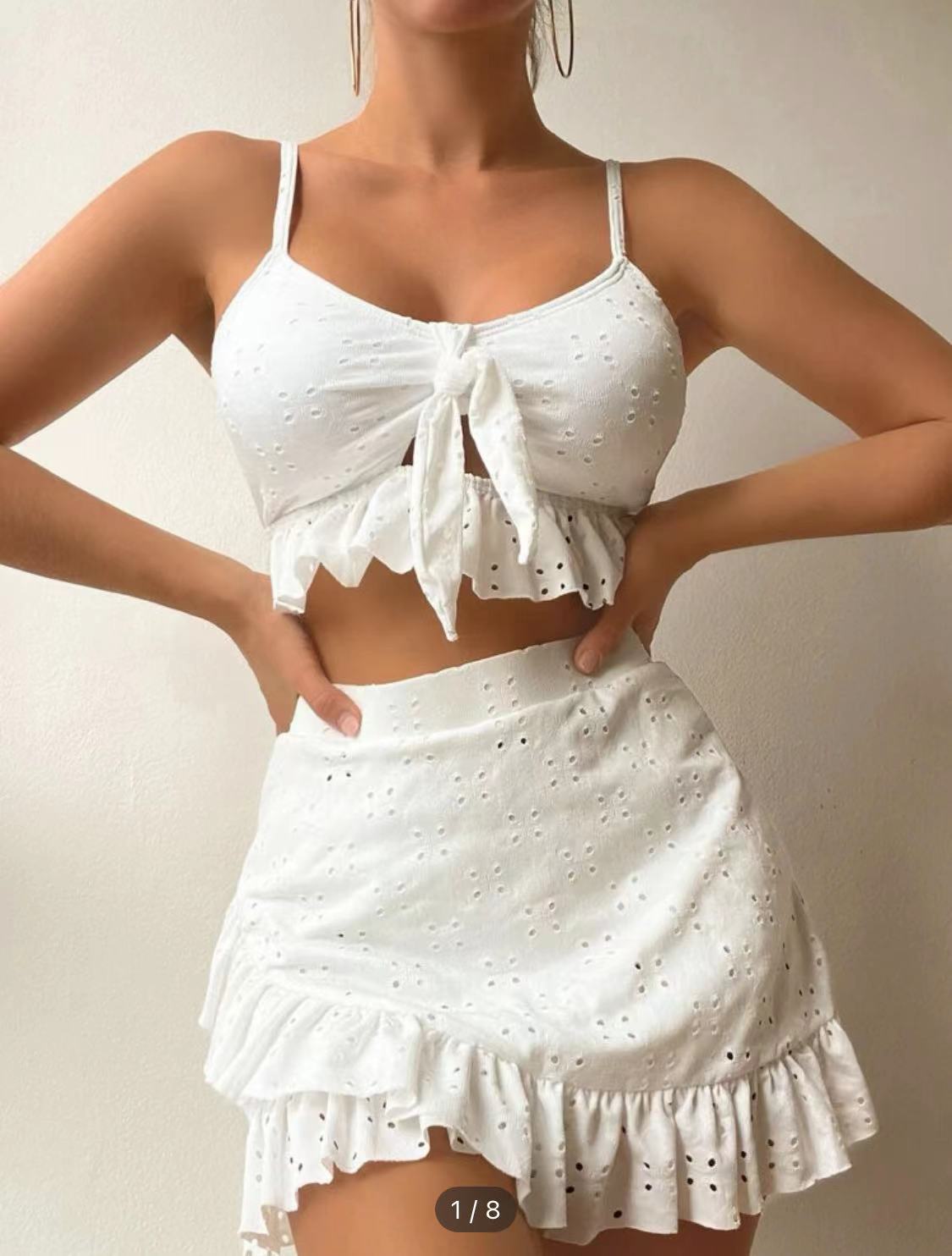 Maillot de bain trois pièces sexy en dentelle ajourée de couleur unie pour femme