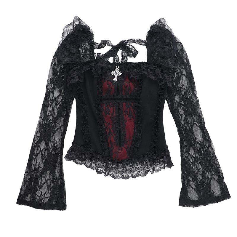 Elegant Gothic Lace Splicing Cross Collar T-Shirt