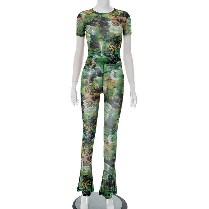 Conjunto de dos piezas con pantalón largo y top de malla para mujer - Estilo transparente