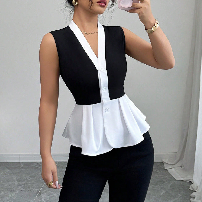Women Fashion Sleeveless Stitching Shirt