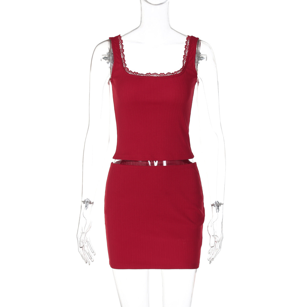 Conjunto de falda y cuello cuadrado con tirantes de encaje sexy para mujer