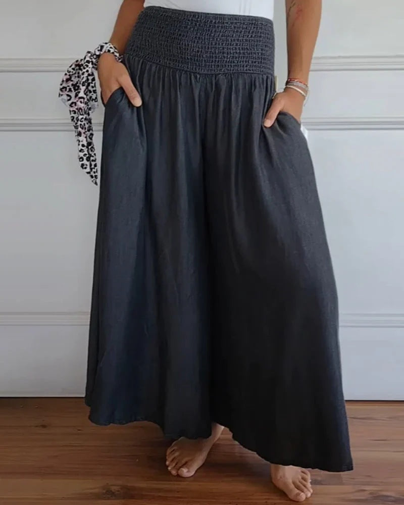 Pantalones casuales de cintura alta y pierna ancha para mujer, poliéster