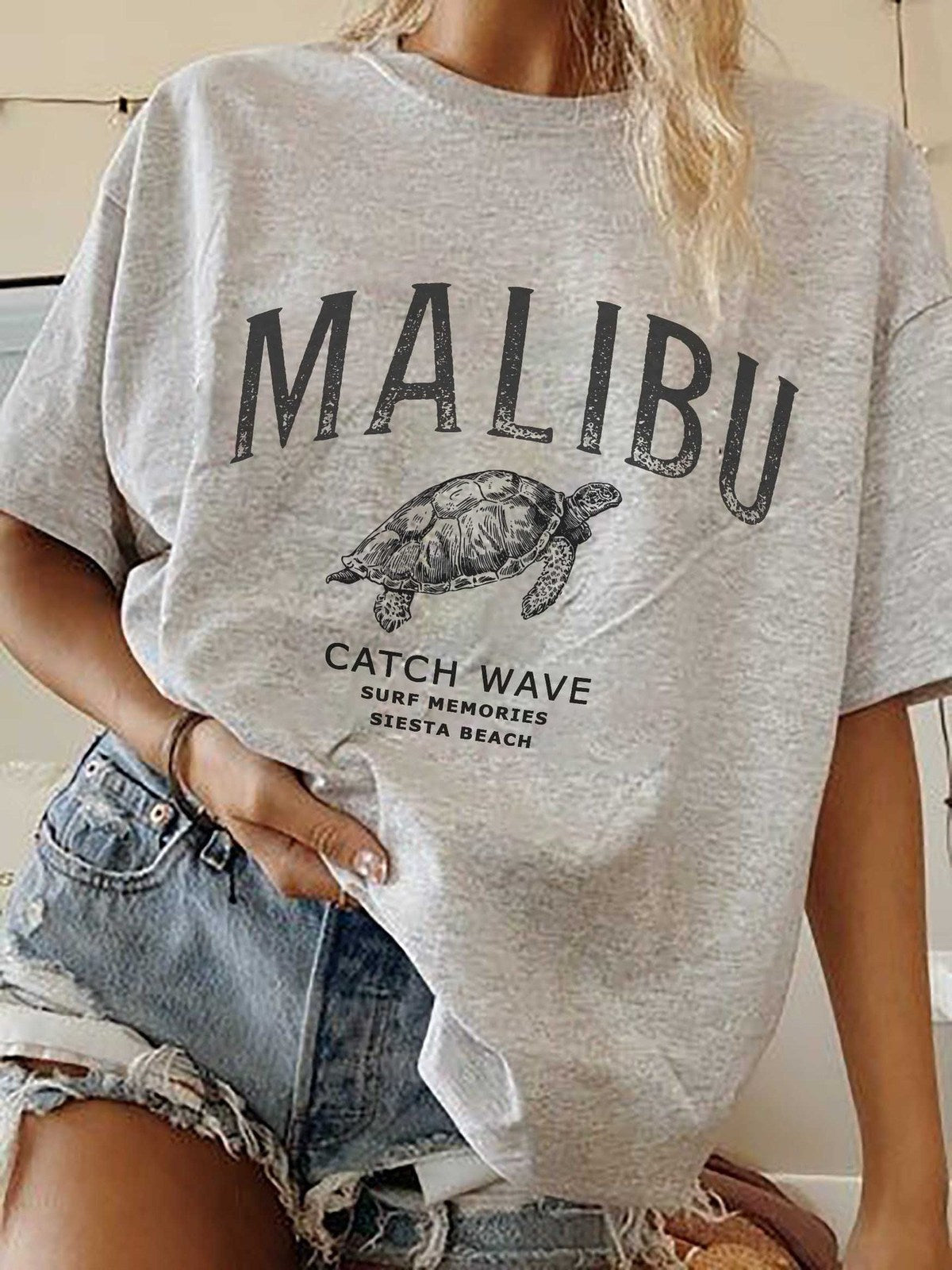 Camiseta informal con cuello redondo y estampado para mujer
