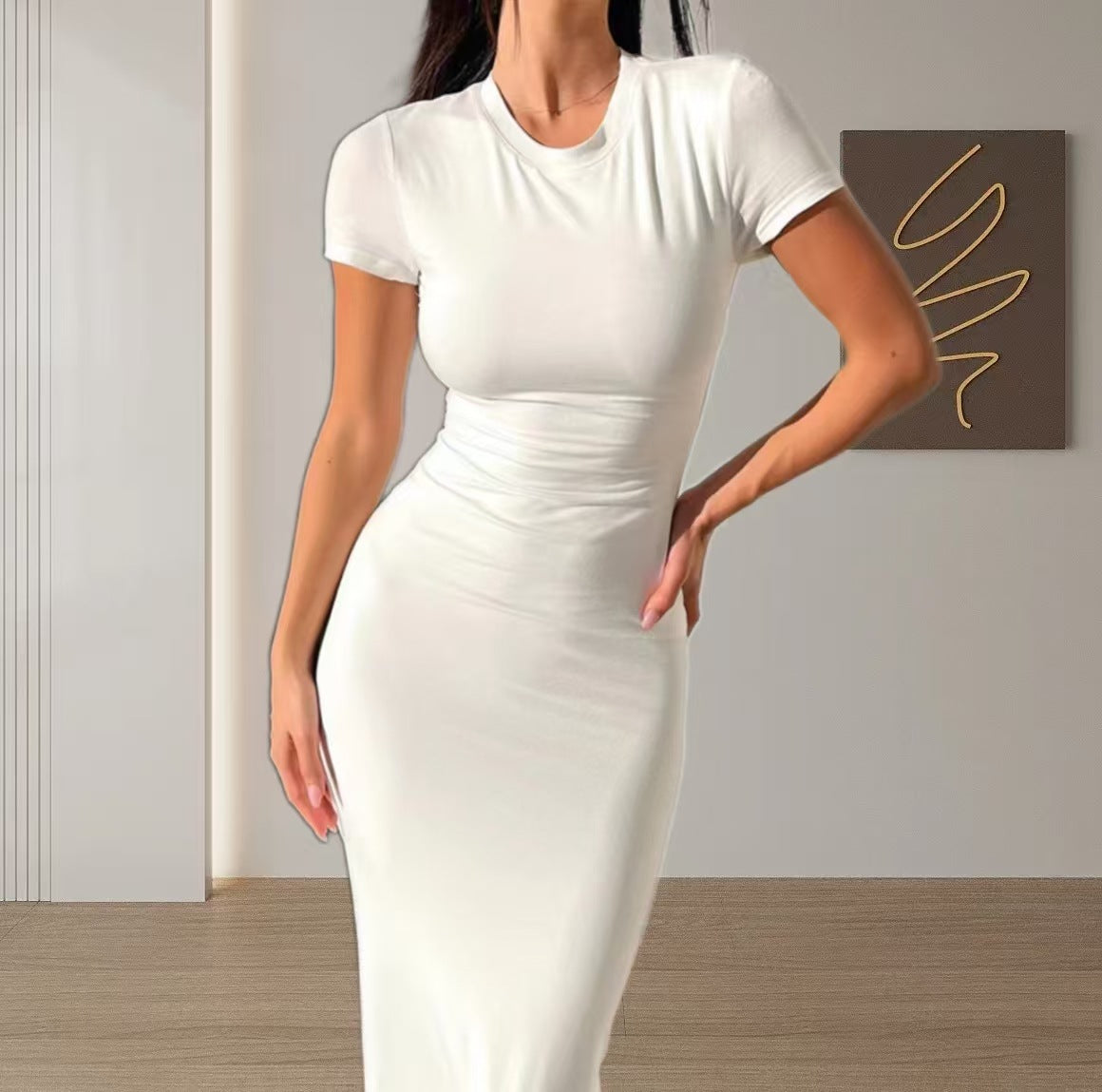 Vestido midi de manga corta, sexy, sencillo y de color liso para mujer