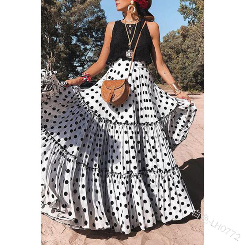 Women Casual Polka Dot Polyester Sleeveless Skirt