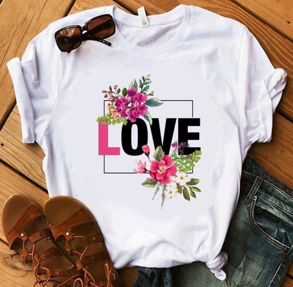Camiseta informal con cuello redondo y estampado para mujer