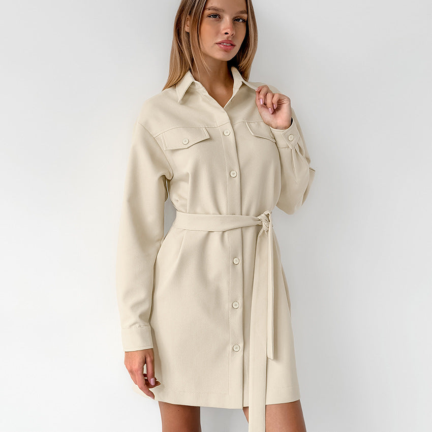 Women Solid Color Lapel Long Sleeve Dress Blended Fabric