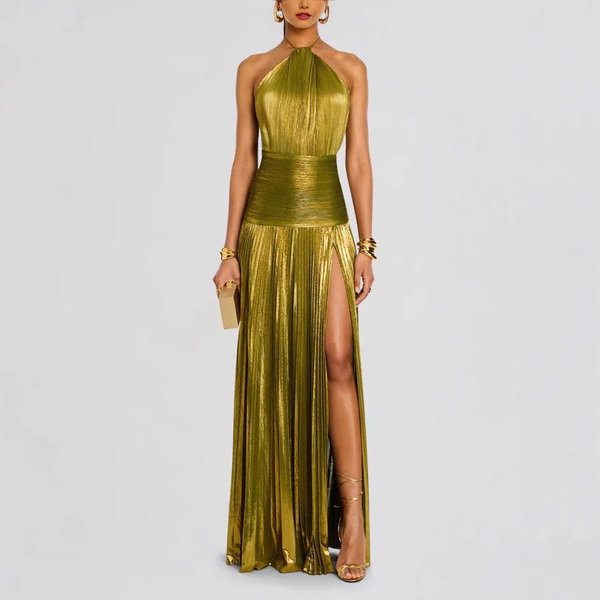 Women Elegant Solid Color Pleated Backless Dress