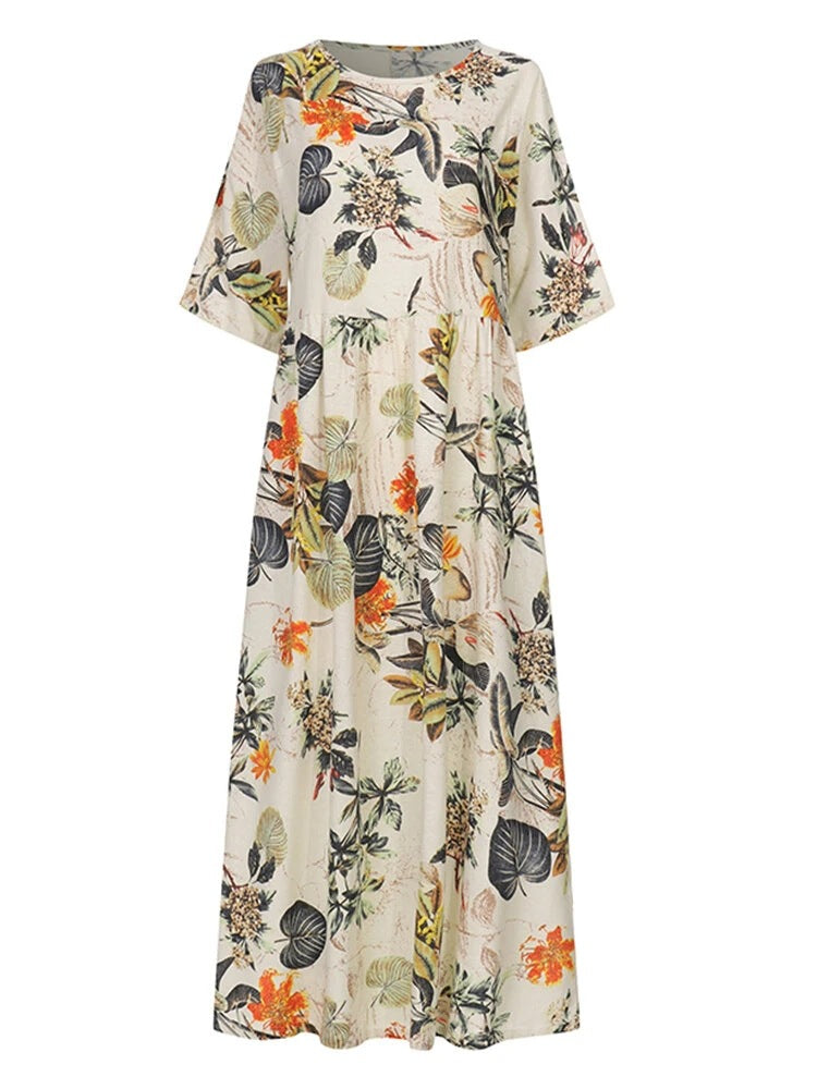 Vestido elegante bohemio de verano con mangas cortas y cuello redondo floral para mujer