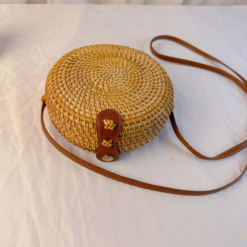 Sac rond en paille tissée vintage de style bohème