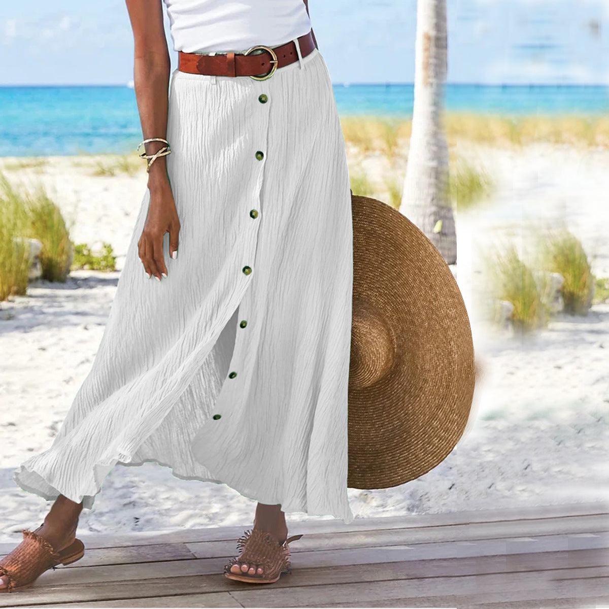 Summer Women Casual Button Decorative Cotton Skirt