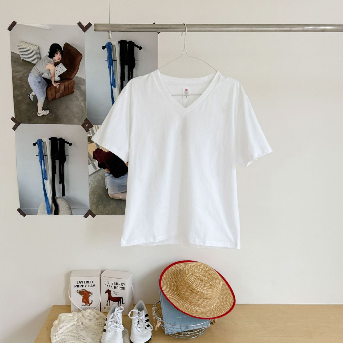 Camiseta informal de algodón con cuello en V para mujer, color liso