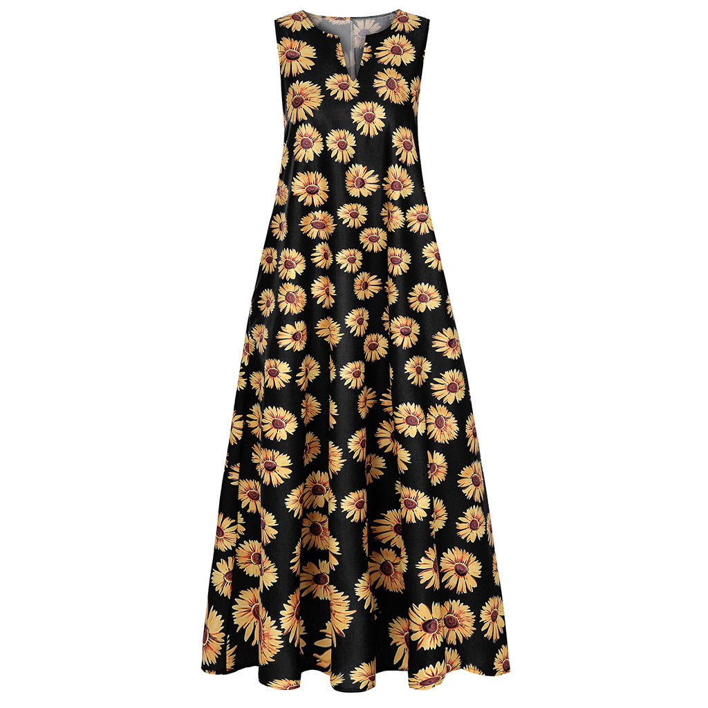 Vestido largo bohemio con estampado de girasoles para mujer, sin mangas, informal, con cuello en V