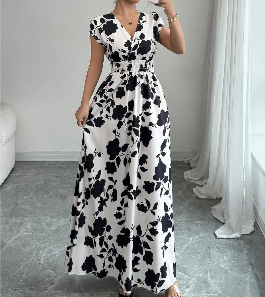 Women Fashion Elegant Floral Printed V-Neck Dress