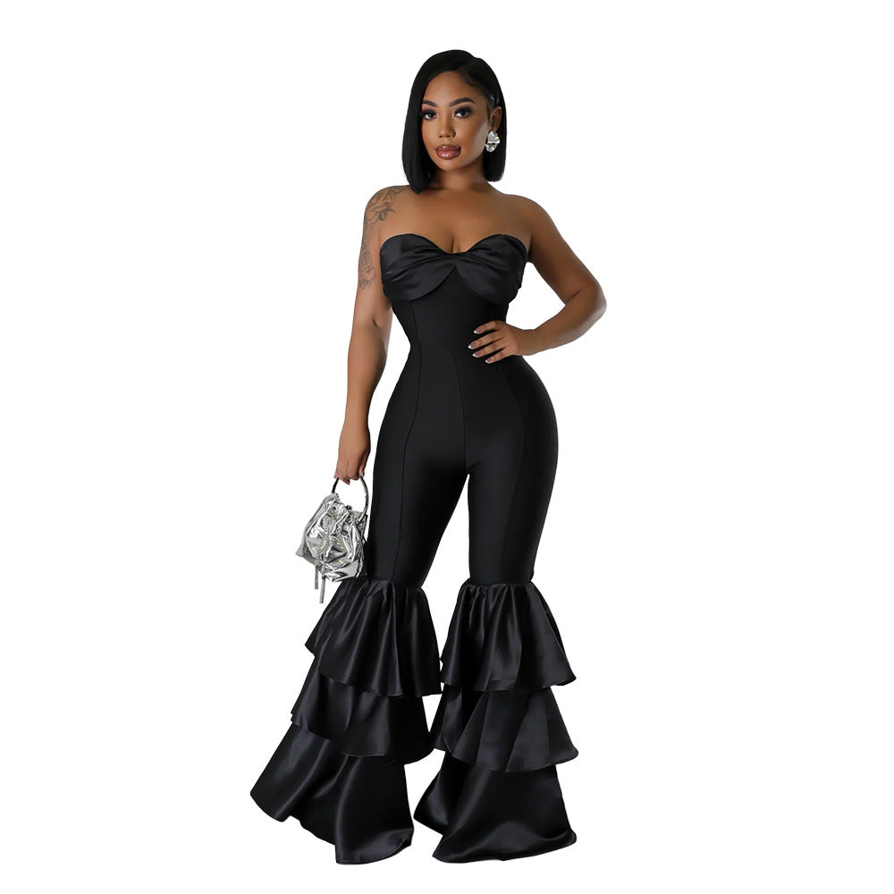 Women Fashion Sexy Strapless Ruffled Jumpsuit