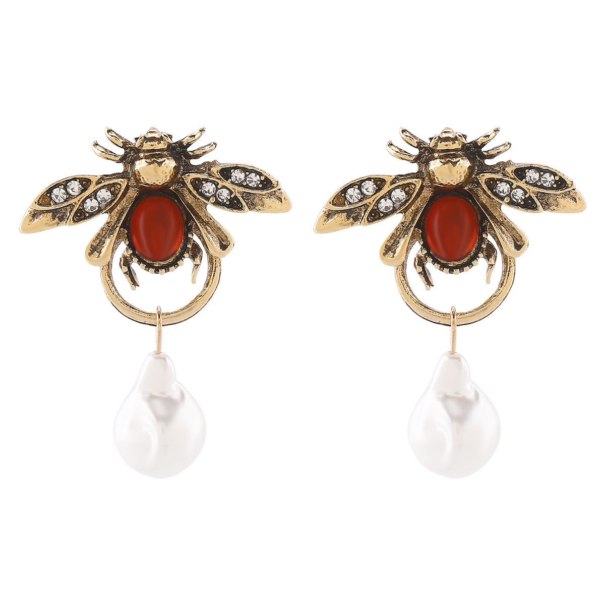Boucles d'oreilles vintage en alliage imitation perles et insectes