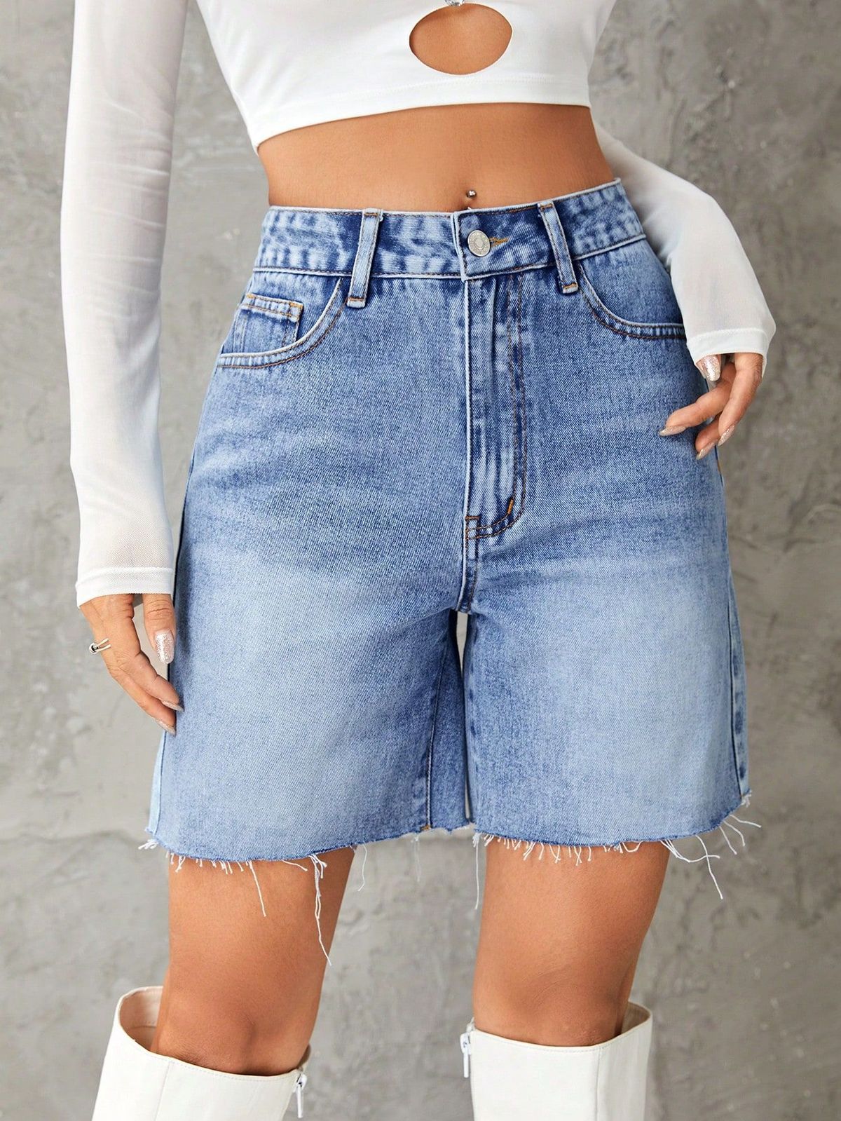 Pantalones cortos vaqueros de cintura alta informales de moda para mujer con algodón y poliéster