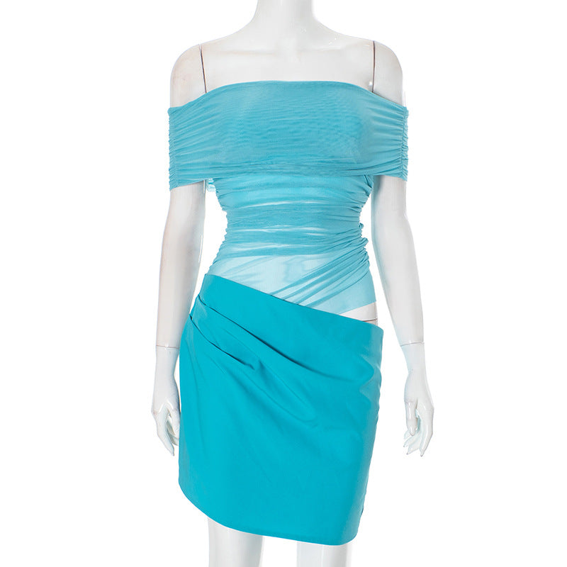Women Fashion Off-Shoulder Pleated Short Dress