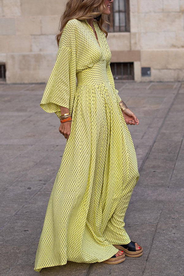 Vestido informal de cuello en V con cuadrícula de color liso a la moda para mujer
