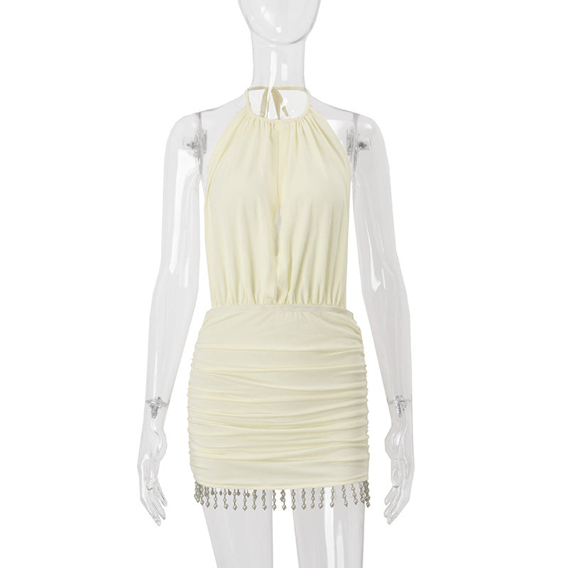 Women Fashion Sexy Solid Color Pleated Backless Tassels Dress