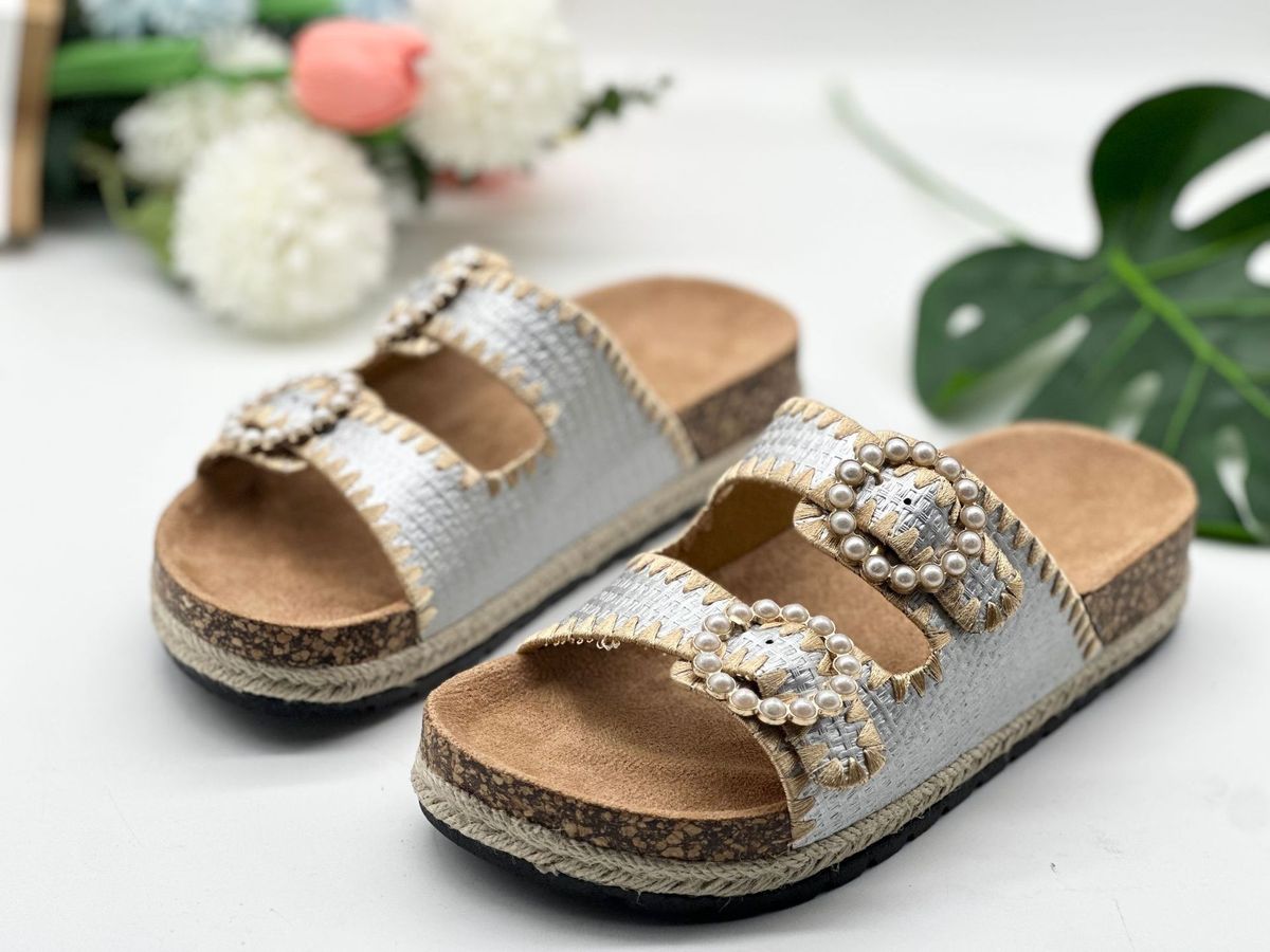 Pantuflas casuales de vacaciones con doble hebilla de perla para mujer