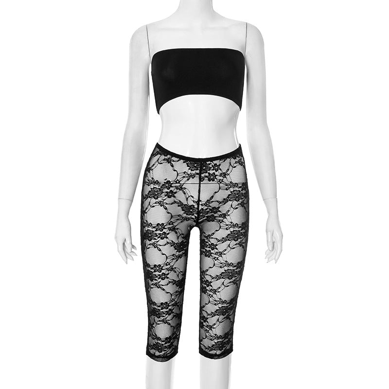Ensemble deux pièces sexy à la mode pour femmes, haut tube uni et pantalon en dentelle