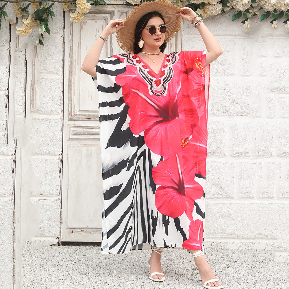 Women Casual Vacation Floral Printed V-Neck Cover-Up