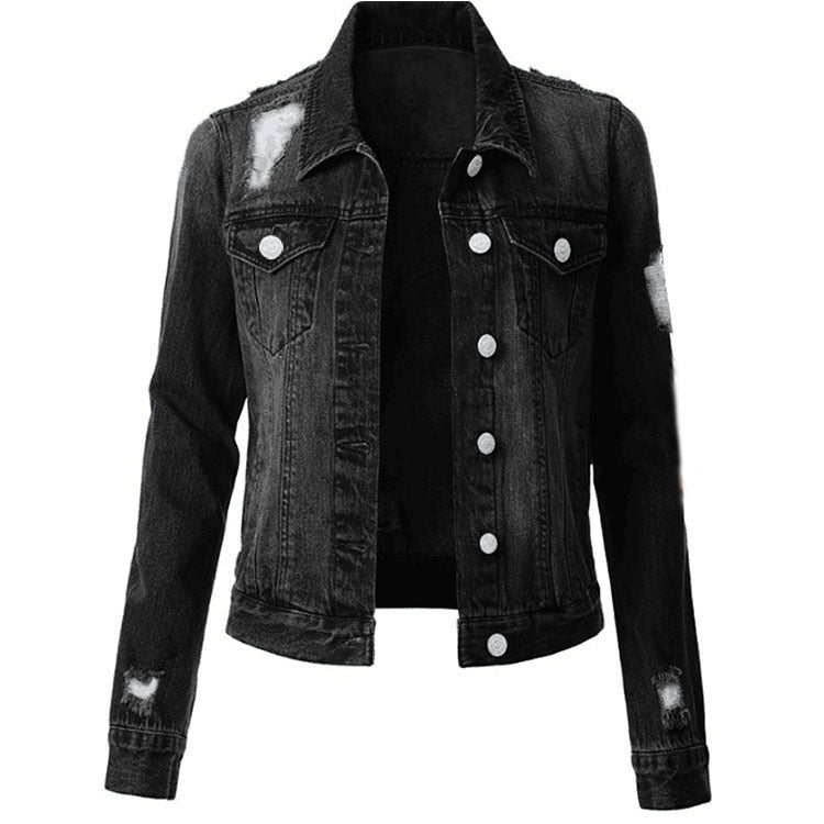Chaqueta vaquera informal de manga larga con solapas rasgadas para mujer