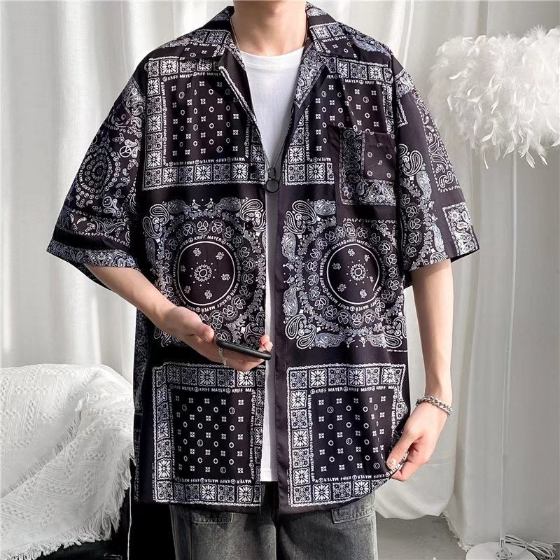 Camisa informal vintage con estampado de flores diminutas para hombre