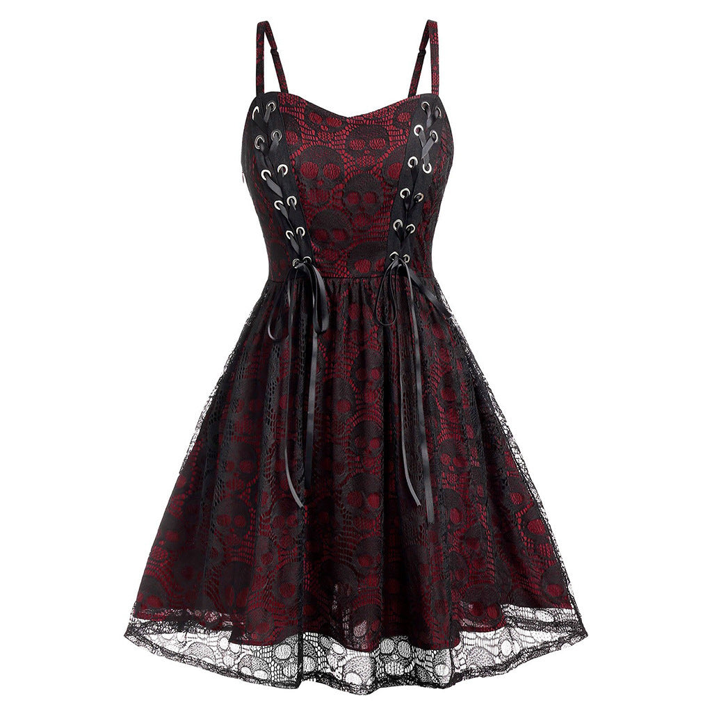 Women Fashion Retro Gothic Lace Splice Skull Dress