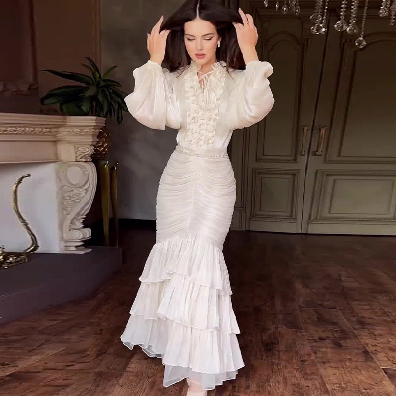 Women Elegant Solid Color Long Sleeve Ruffled Maxi Dress