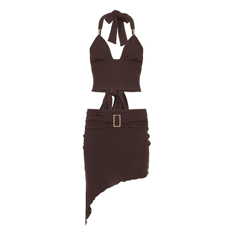 Conjunto de dos piezas de top halter sin mangas de color liso y falda con dobladillo irregular para mujer, estilo urbano