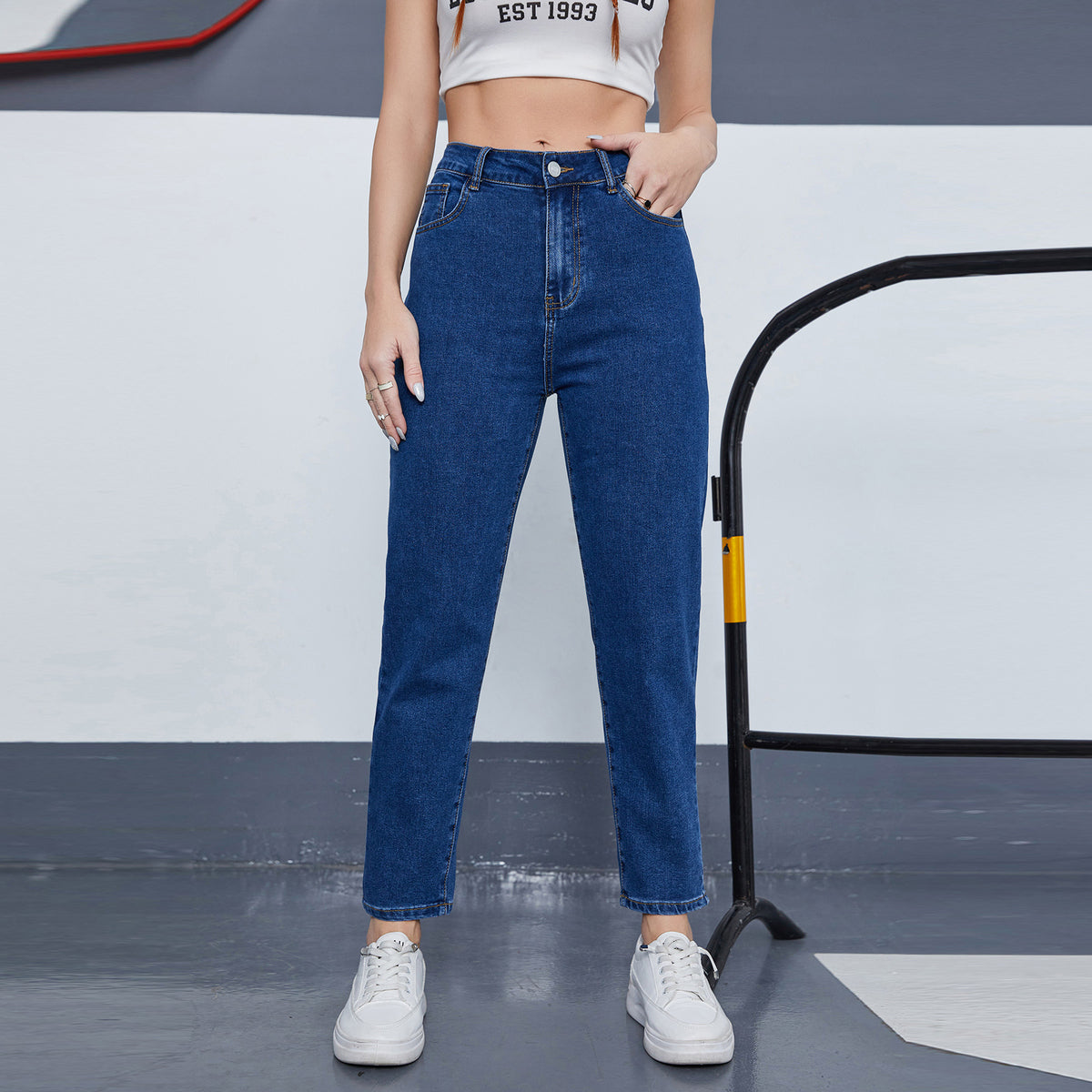 Vaqueros holgados de cintura alta de color liso informales para mujer