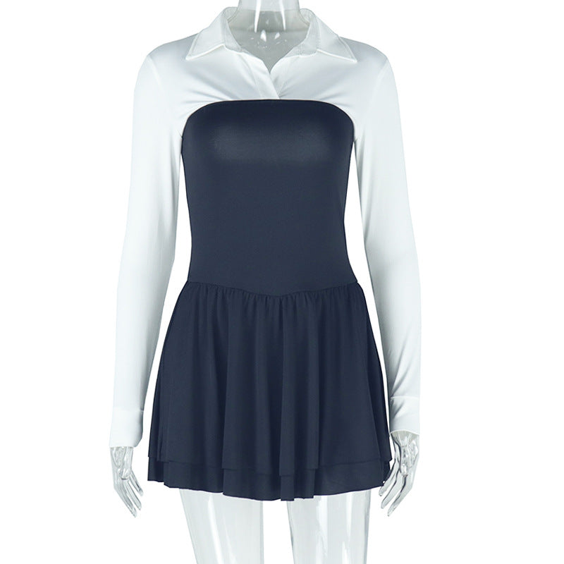 Women Fashion Stitching Contrast Color Long Sleeve Dress