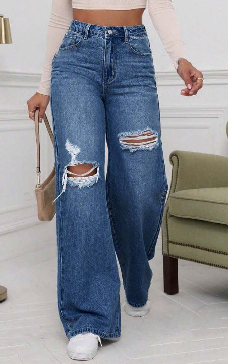 Women Casual Ripped Mid-Waist Wide Leg Jeans