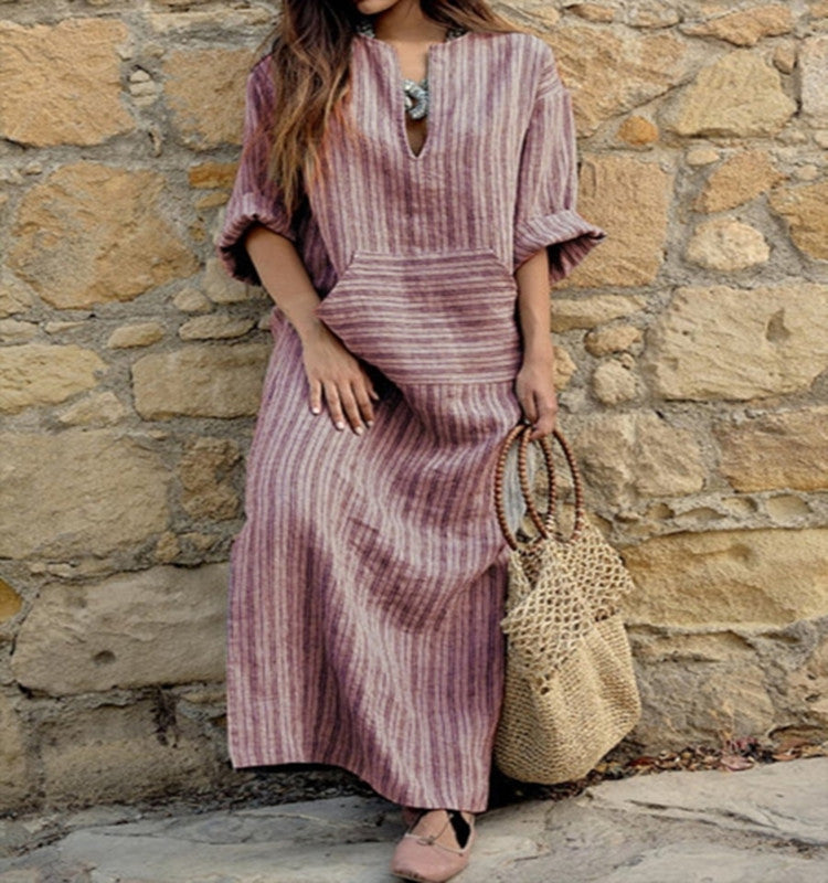 Vestido largo informal de lino y algodón de moda de verano para mujer