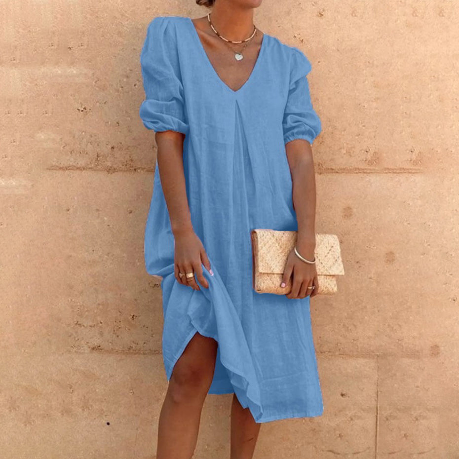 Women Fashion Casual Solid Color Cotton Linen V-Neck Dress