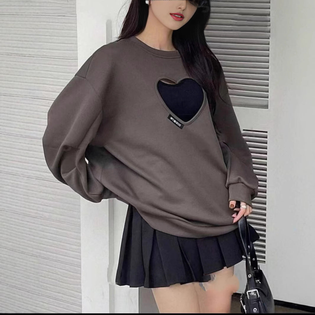 Women Autumn Winter Bat Sleeve Hollow Heart Sweatshirt
