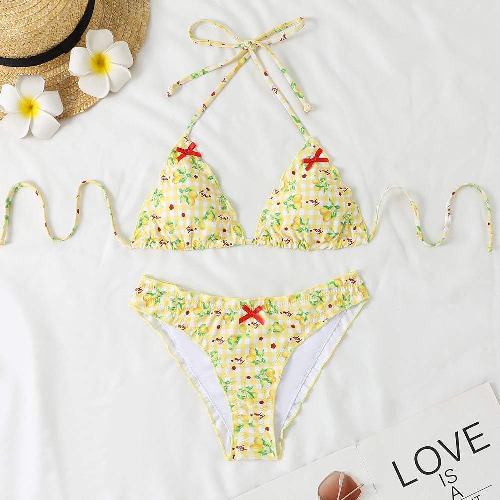Women Fashion Cute Printed Halter-Neck Lace-Up Bikini Swimsuit