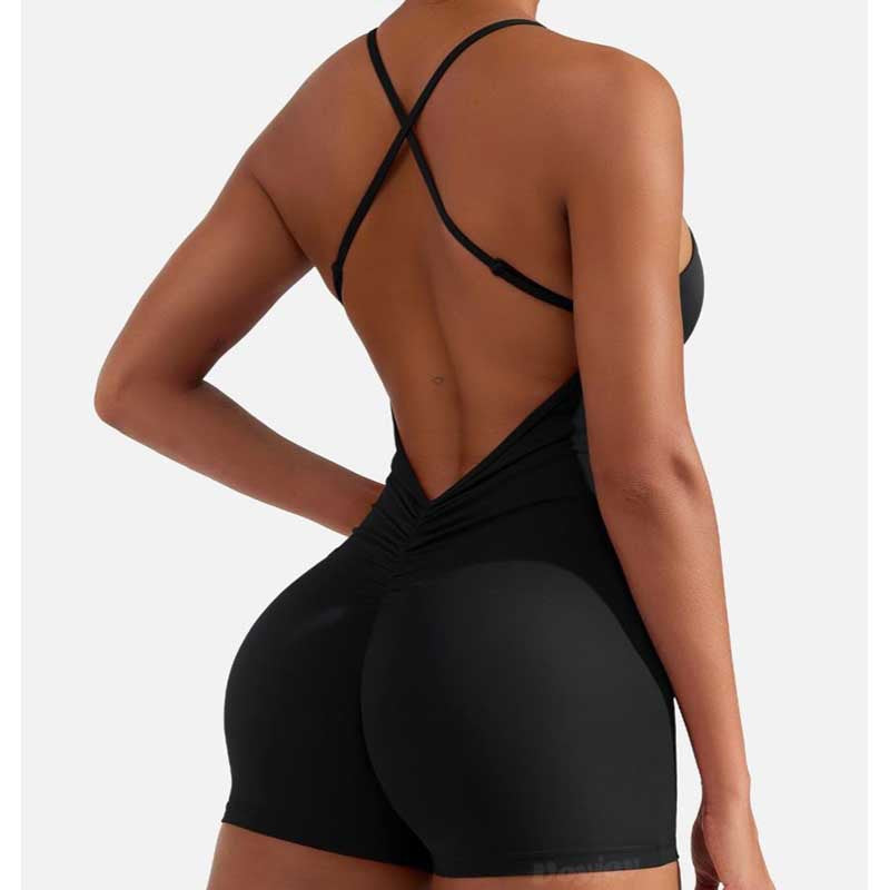 Women’s Backless Pleated Sports Romper - Sexy High Waist Jumpsuit